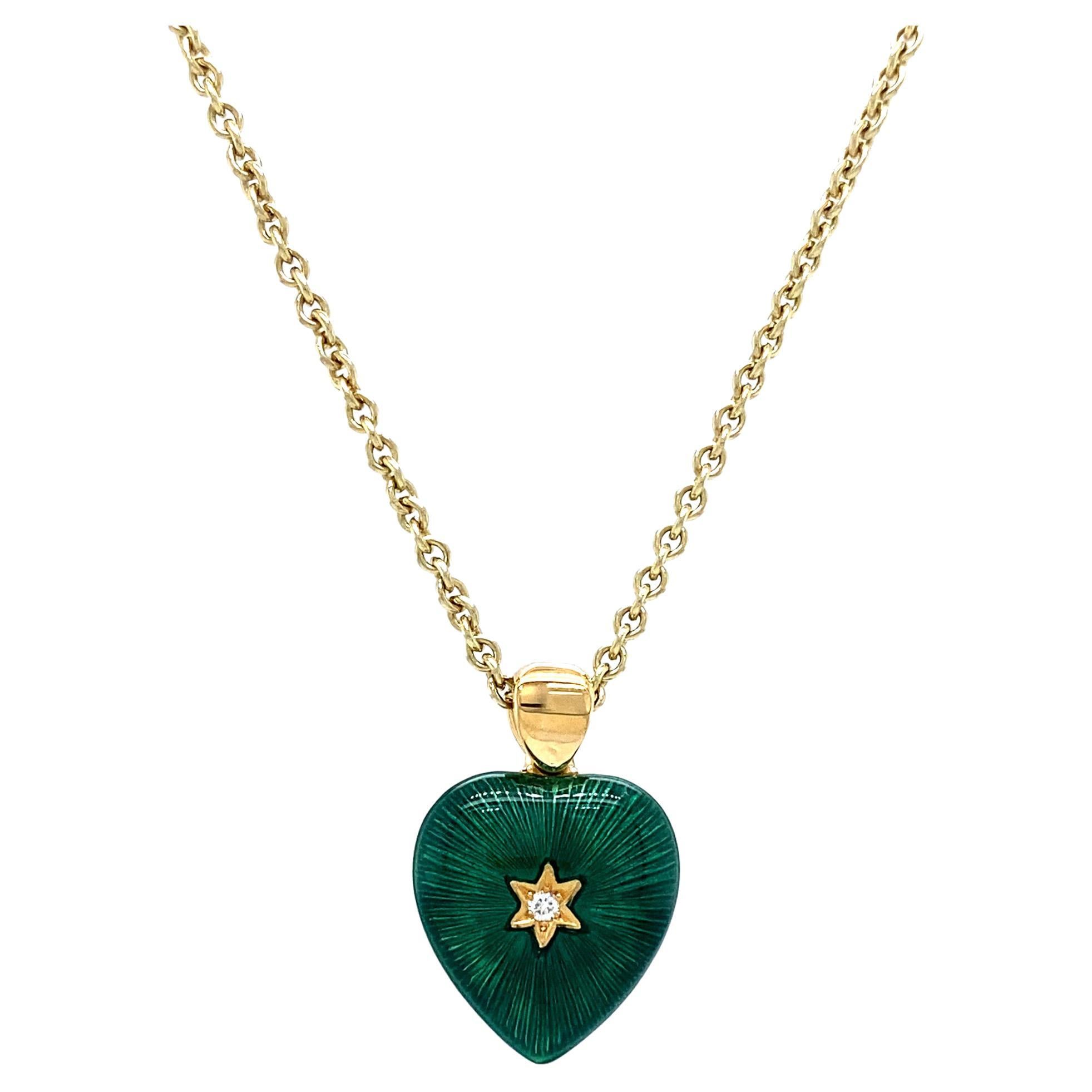 Brilliant Cut Two Colored Heart Pendant 18k Yellow Gold Turquoise/Green Enamel Diamonds 2.02ct For Sale