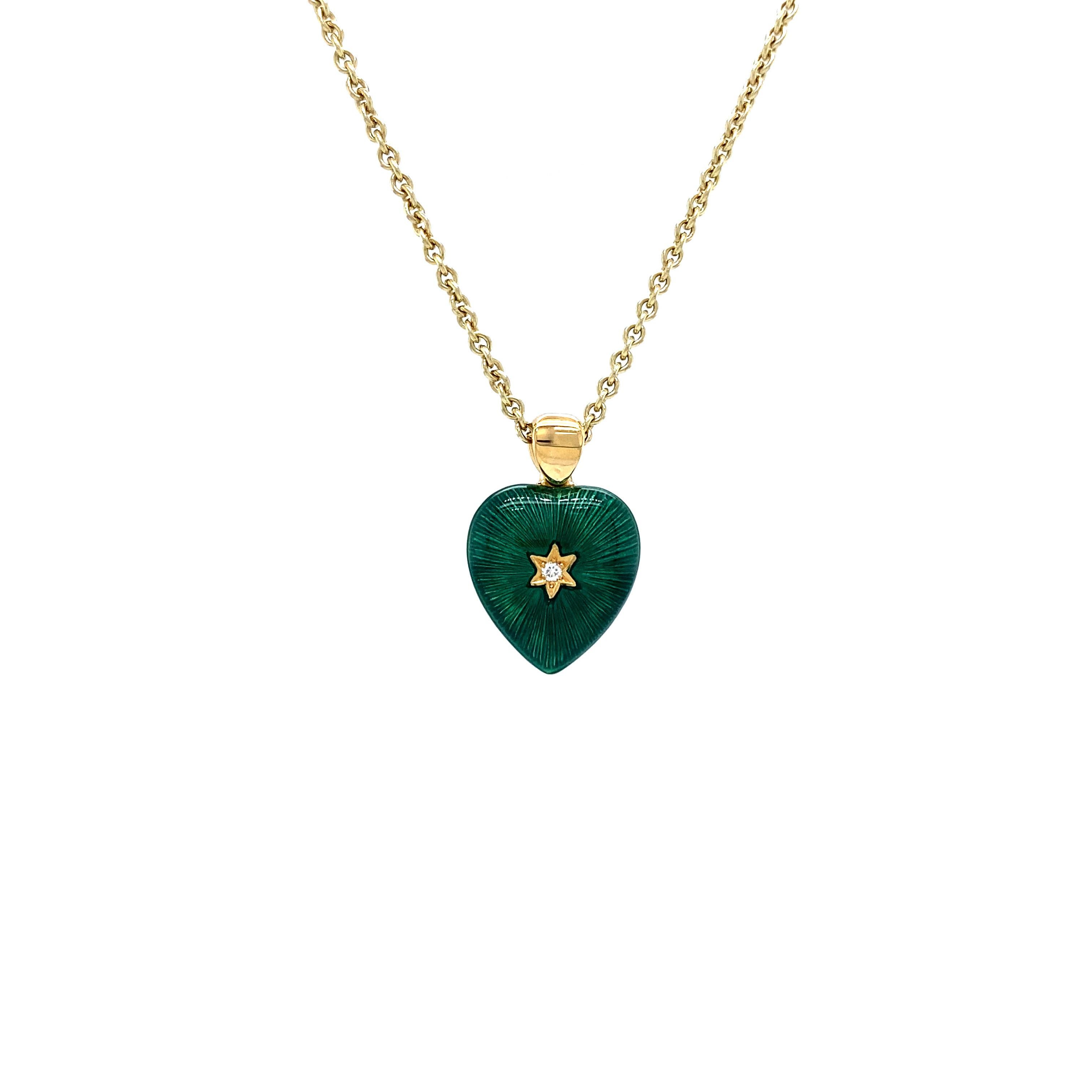 Two Colored Heart Pendant 18k Yellow Gold Turquoise/Green Enamel Diamonds 2.02ct In New Condition For Sale In Pforzheim, DE
