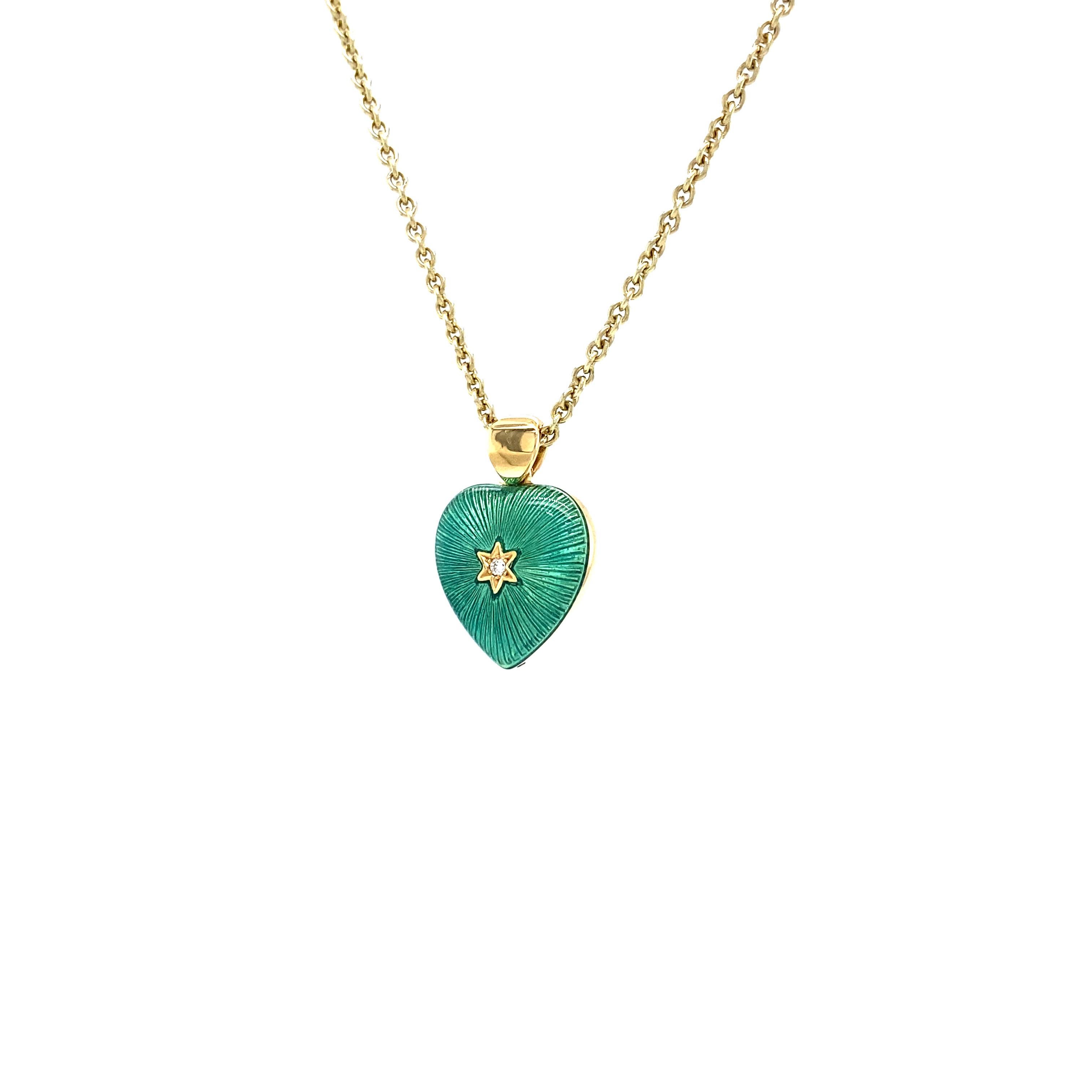 Two Colored Heart Pendant 18k Yellow Gold Turquoise/Green Enamel Diamonds 2.02ct For Sale 2