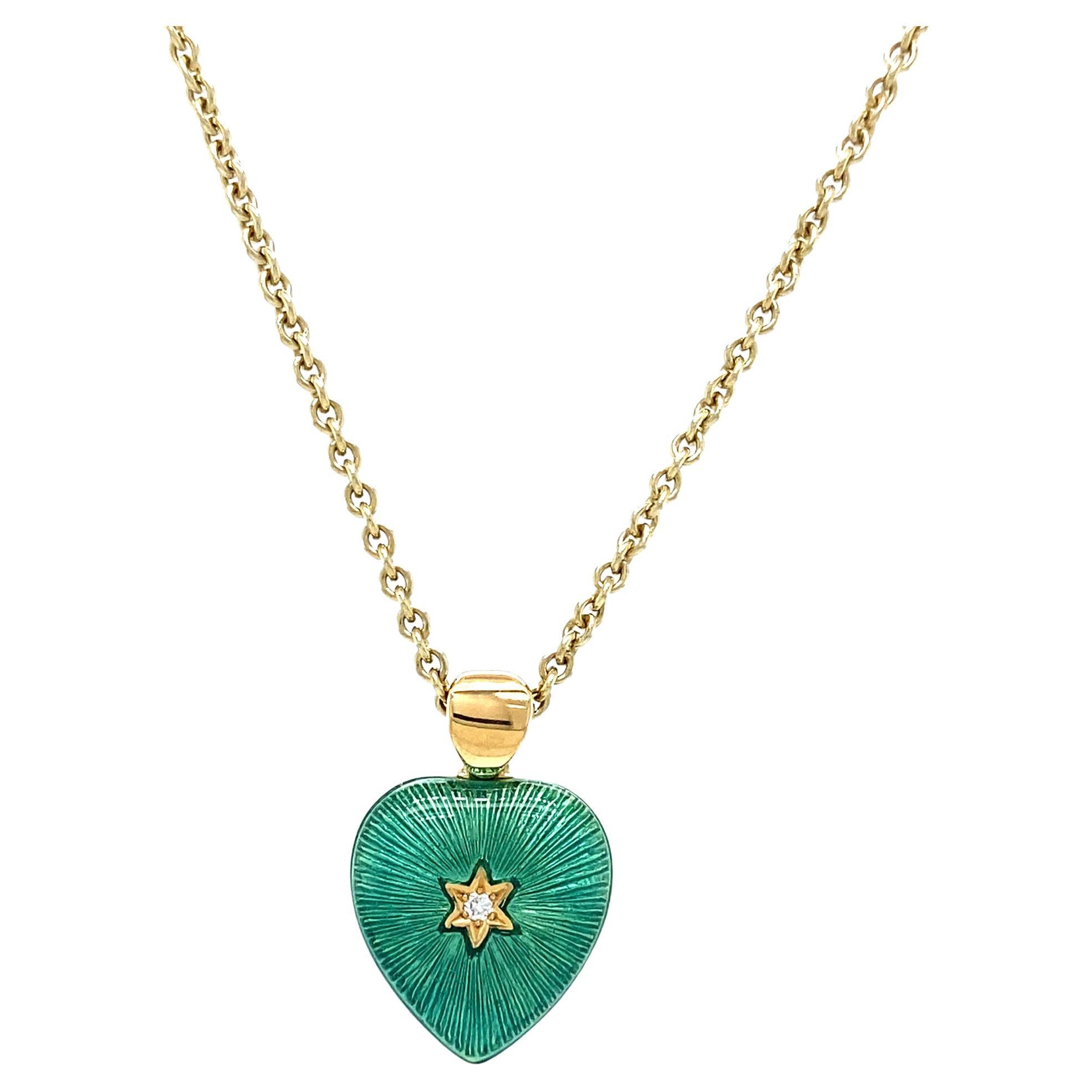Two Colored Heart Pendant 18k Yellow Gold Turquoise/Green Enamel Diamonds 2.02ct For Sale