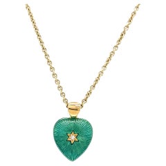 Two Colored Heart Pendant 18k Yellow Gold Turquoise/Green Enamel Diamonds 2.02ct