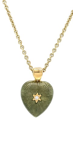 Two Colored Heart Pendant 18k Yellow Gold Green/Yellow Enamel 2 Diamonds 2.02 ct