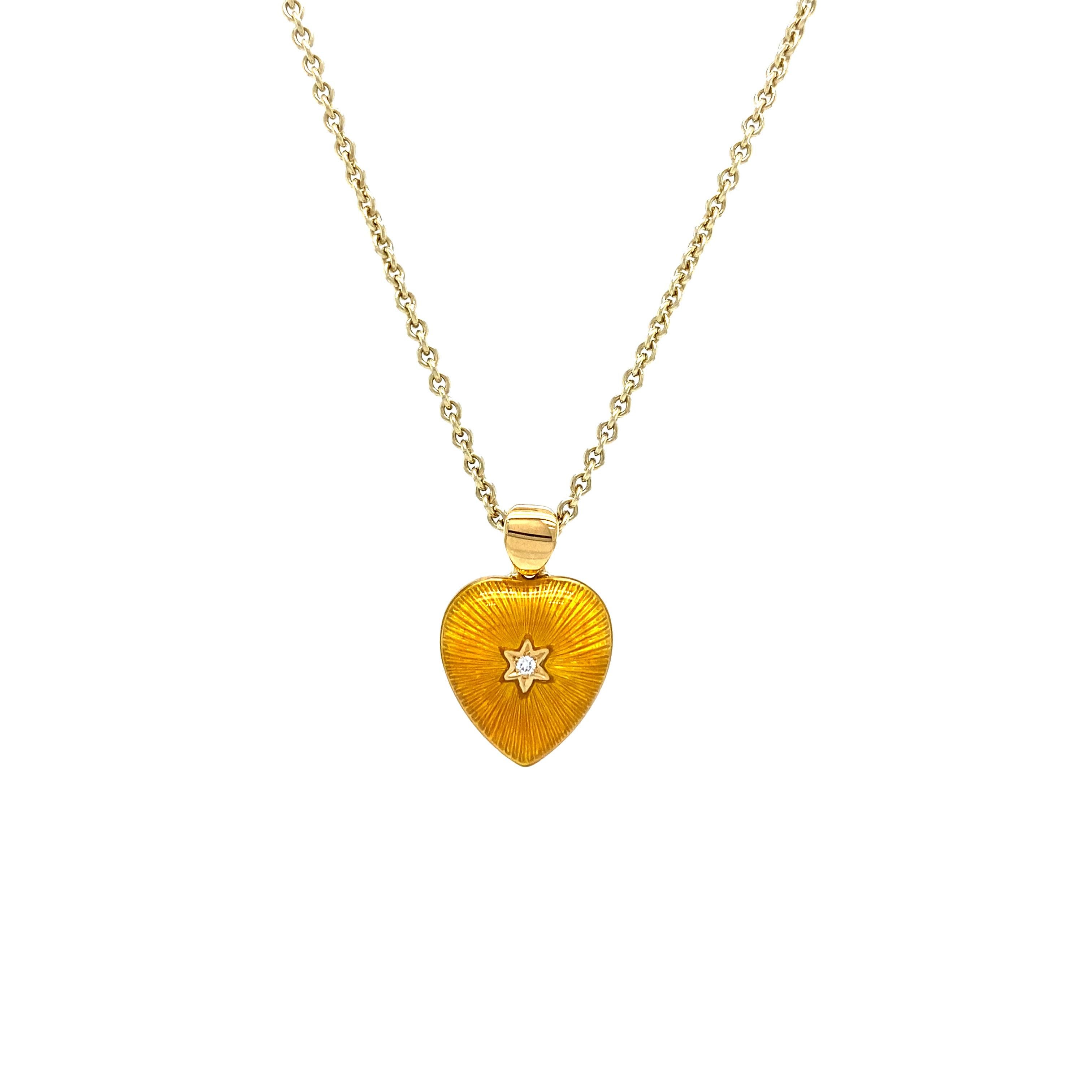 Brilliant Cut Two Colored Heart Pendant 18k Yellow Gold Green/Yellow Enamel 2 Diamonds 2.02 ct For Sale