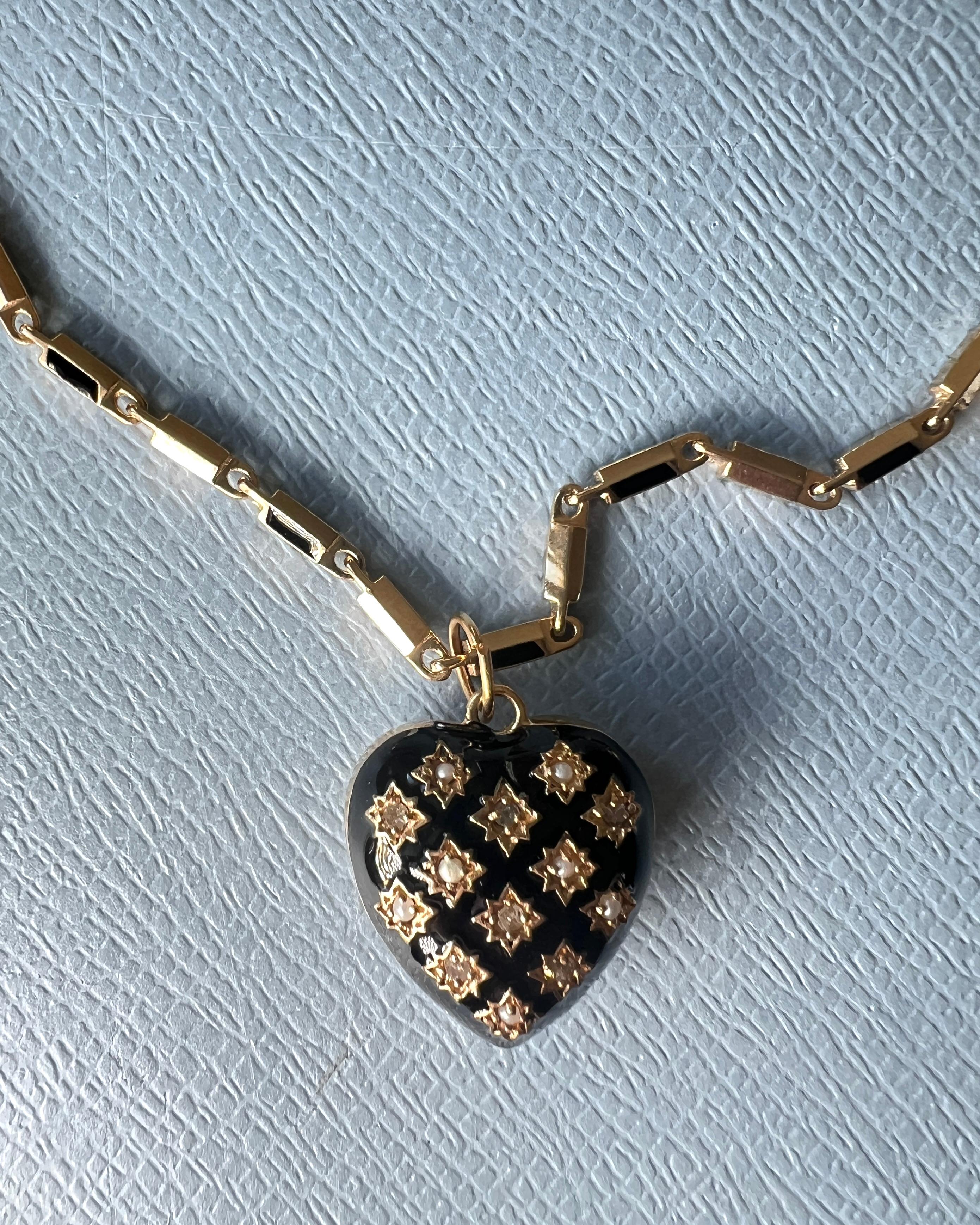 Heart Necklace Black Enamel Pearl Diamond Figaro Chain J Dauphin View 3