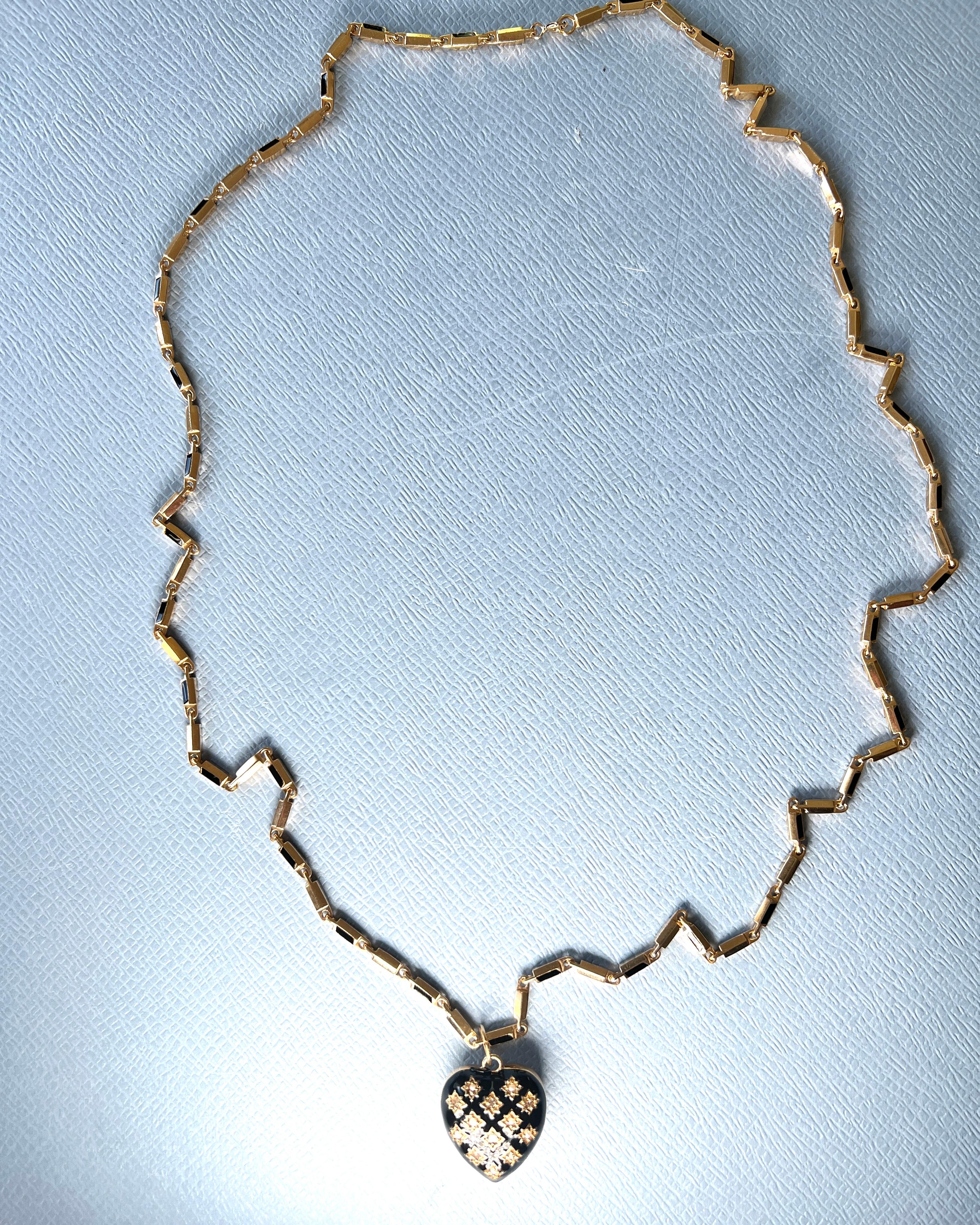Heart Necklace Black Enamel Pearl Diamond Figaro Chain J Dauphin View 4
