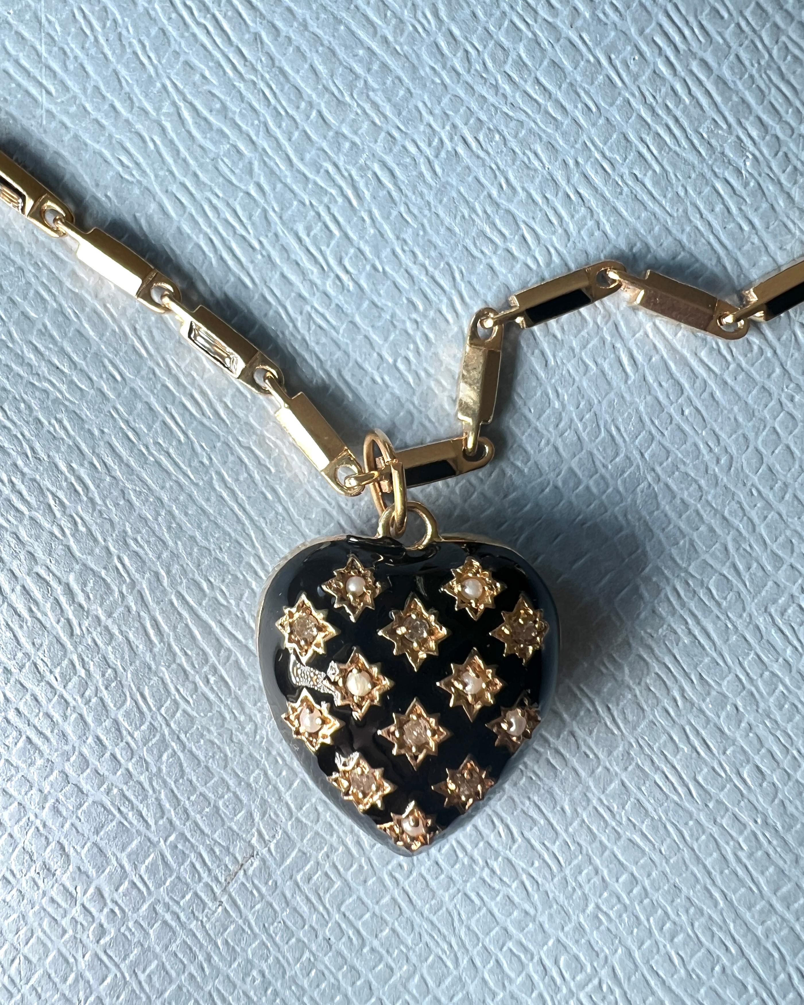 Heart Necklace Black Enamel Pearl Diamond Figaro Chain J Dauphin View 5