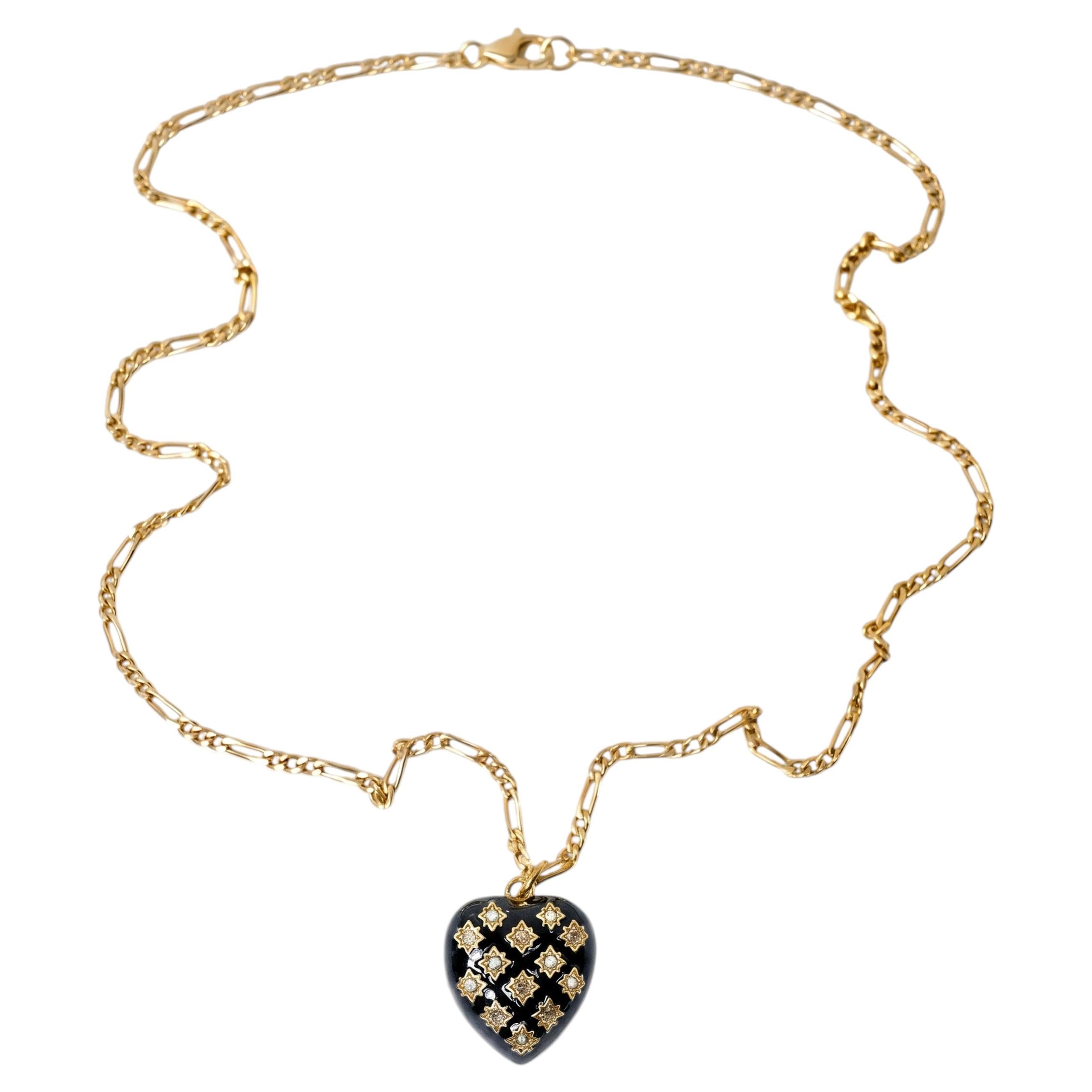 Heart Necklace Black Enamel Pearl Diamond Figaro Chain J Dauphin