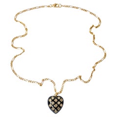 Pearl Diamond Heart Necklace Black Enamel Figaro 14k Gold Plated Chain