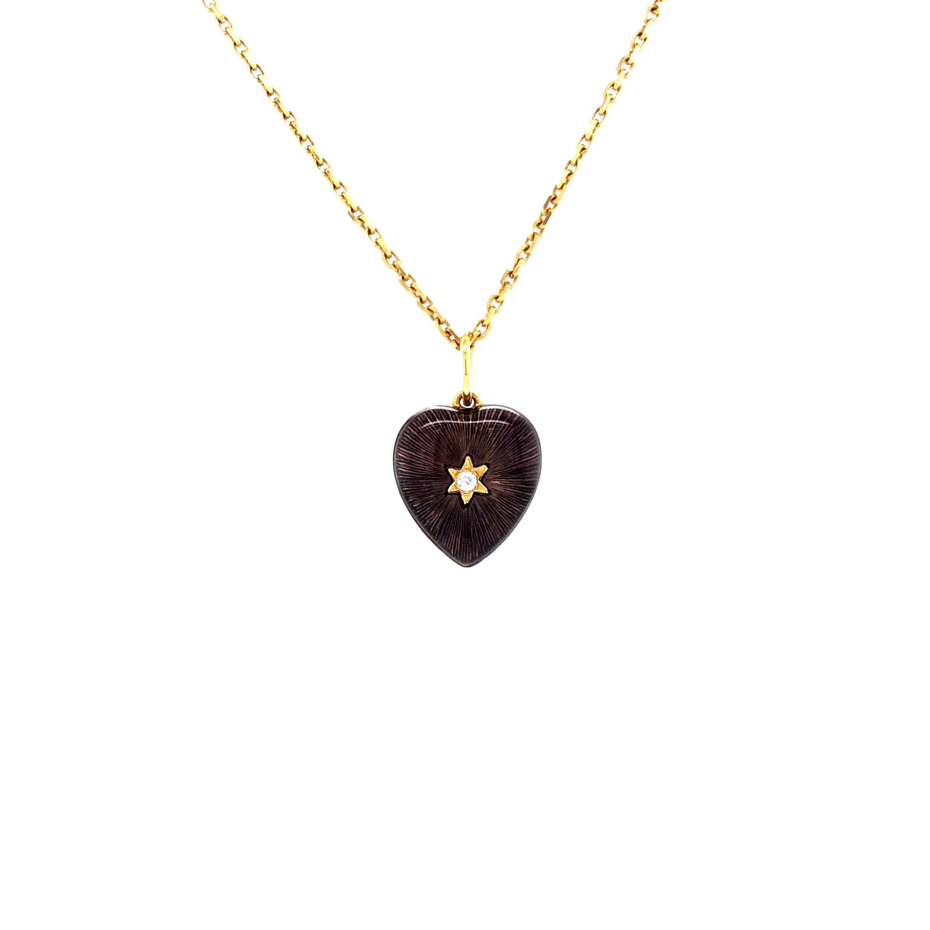 Belle Époque  Heart Pendant Necklace Star 18k Yellow Gold Purple Enamel 2 Diamonds 0.03ct GVS For Sale
