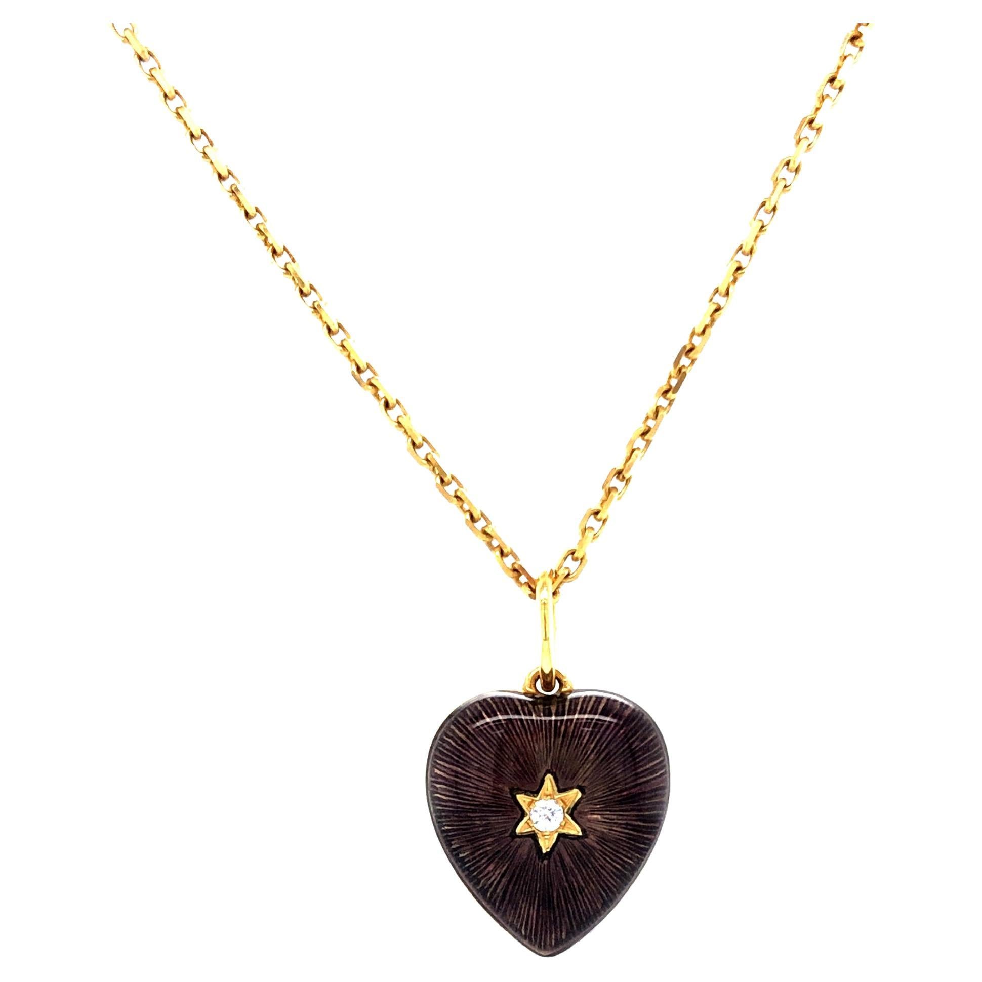  Heart Pendant Necklace Star 18k Yellow Gold Purple Enamel 2 Diamonds 0.03ct GVS For Sale