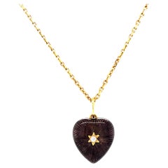  Heart Pendant Necklace Star 18k Yellow Gold Purple Enamel 2 Diamonds 0.03ct GVS