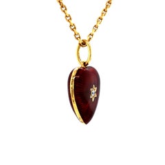 Heart Pendant Necklace Star 18k Yellow Gold Red Enamel 2 Diamonds 0.03ct G VS