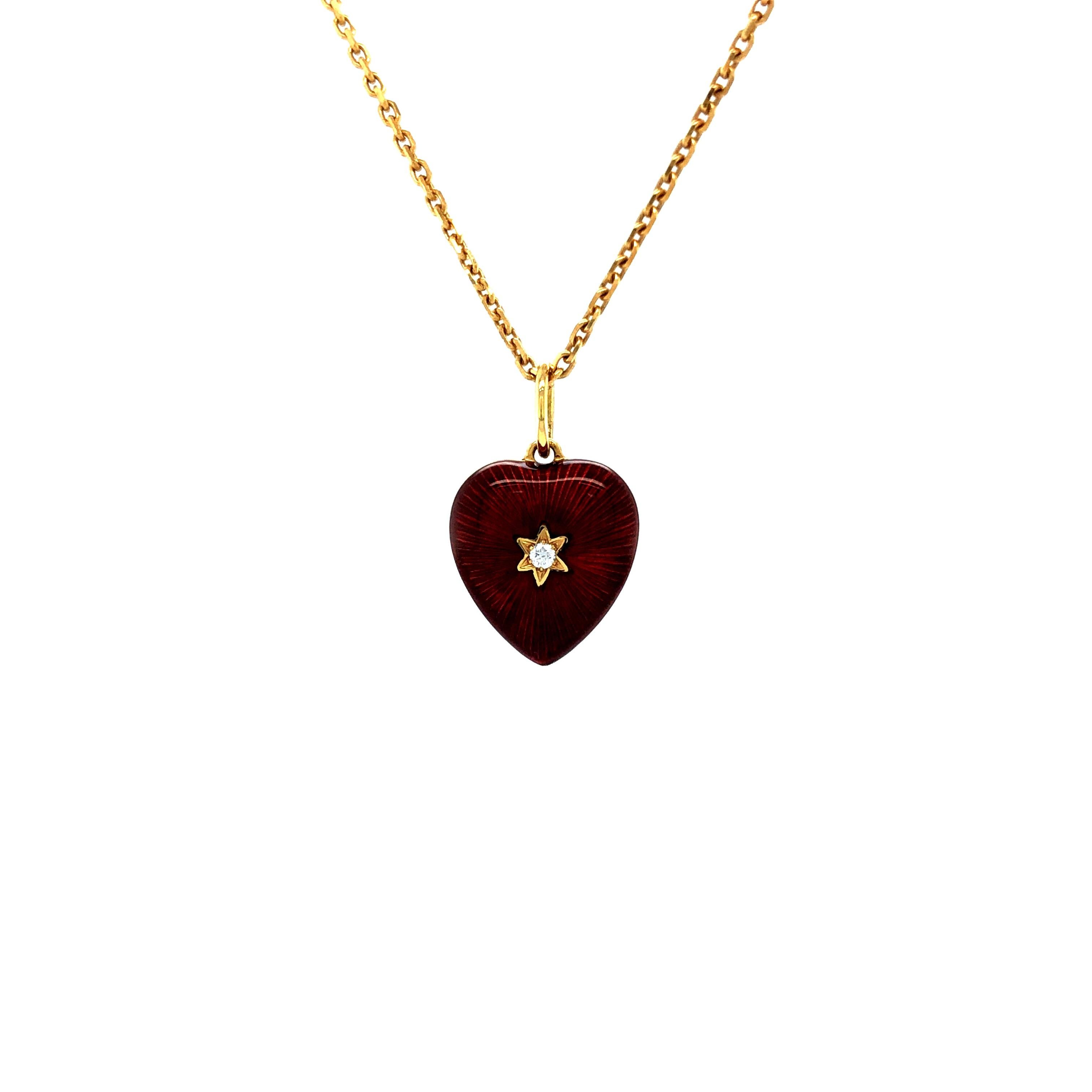 Belle Époque Heart Pendant Necklace Star 18k Yellow Gold Red Enamel 2 Diamonds 0.03ct G VS For Sale