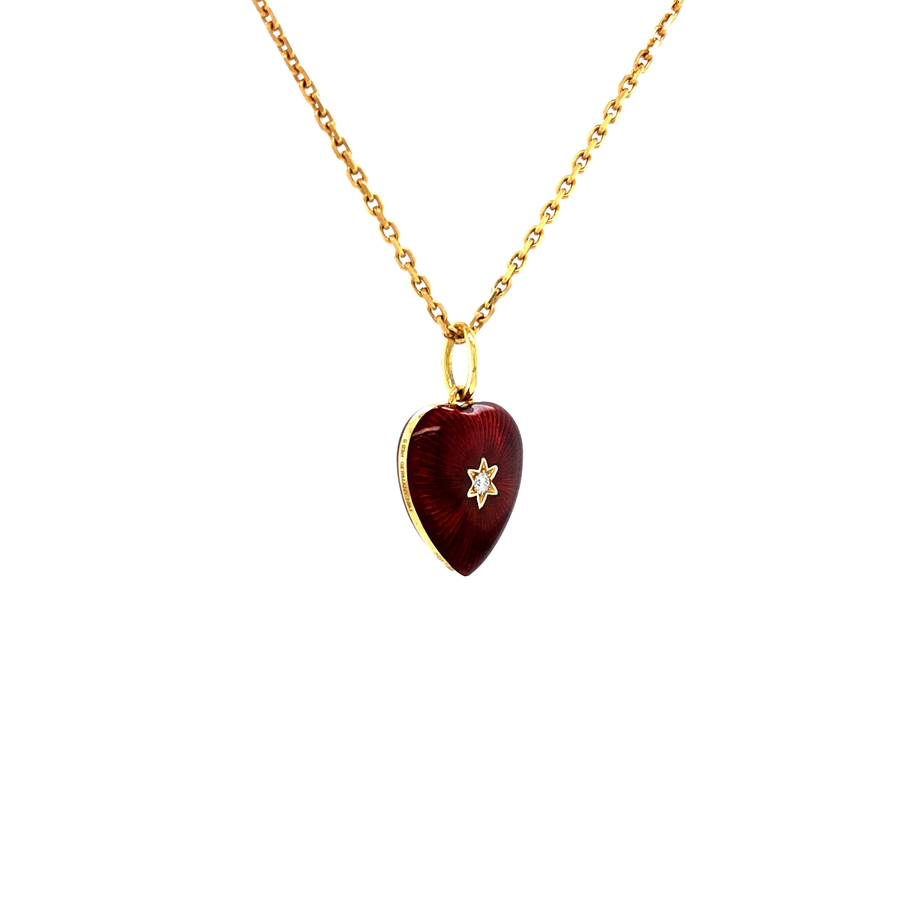 Women's Heart Pendant Necklace Star 18k Yellow Gold Red Enamel 2 Diamonds 0.03ct G VS For Sale
