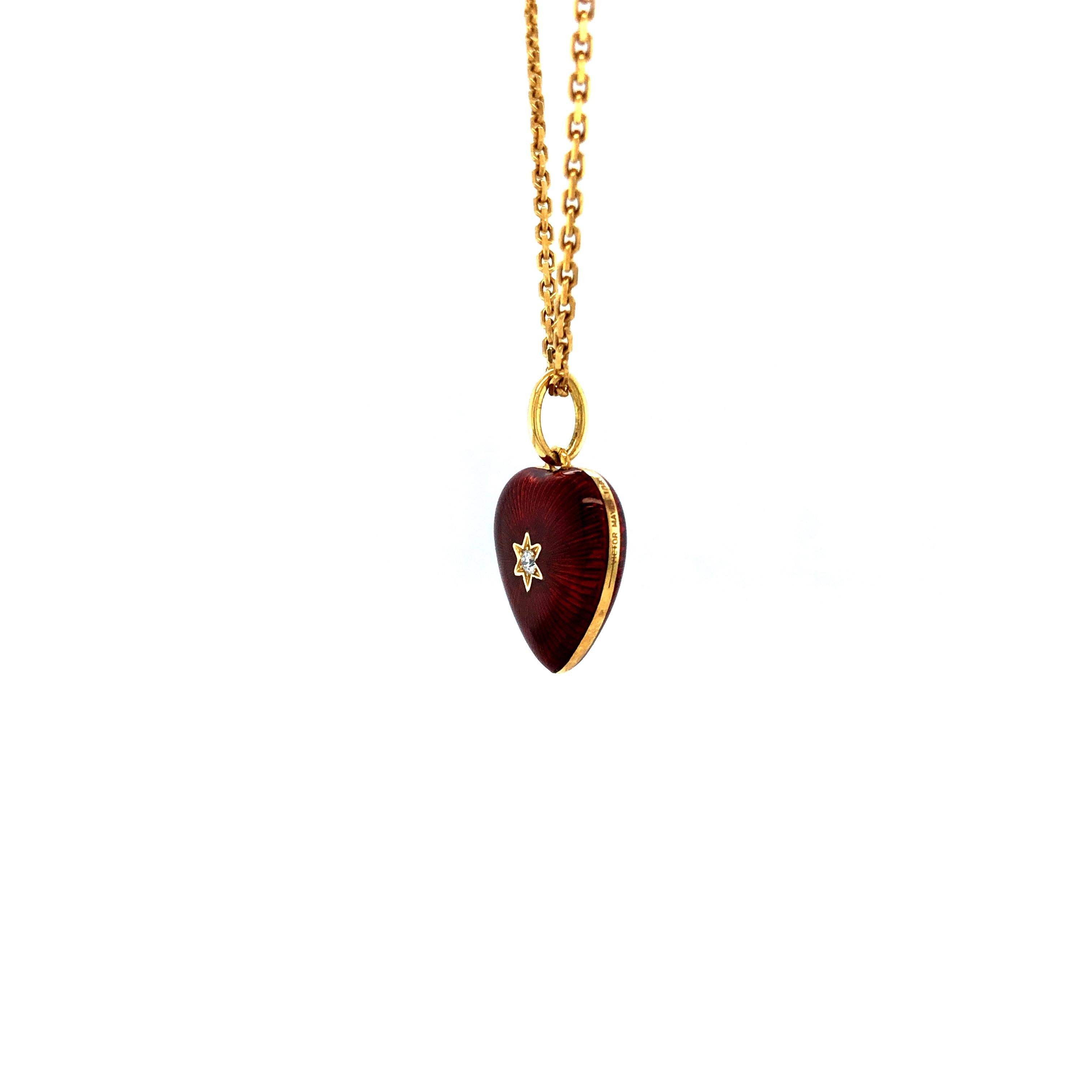 Heart Pendant Necklace Star 18k Yellow Gold Red Enamel 2 Diamonds 0.03ct G VS For Sale 2