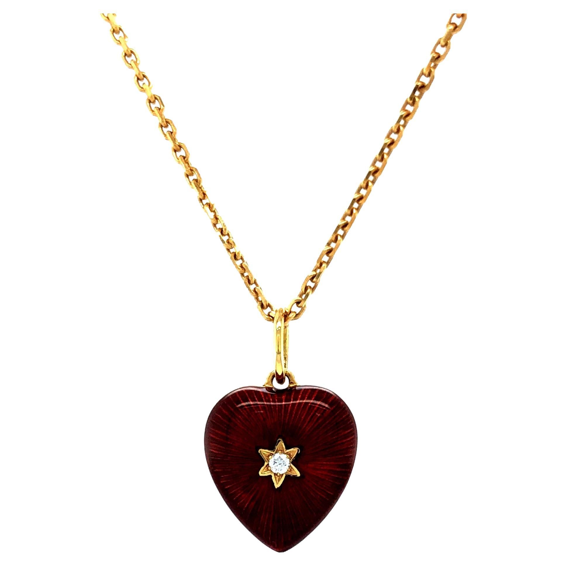 Heart Pendant Necklace Star 18k Yellow Gold Red Enamel 2 Diamonds 0.03ct G VS