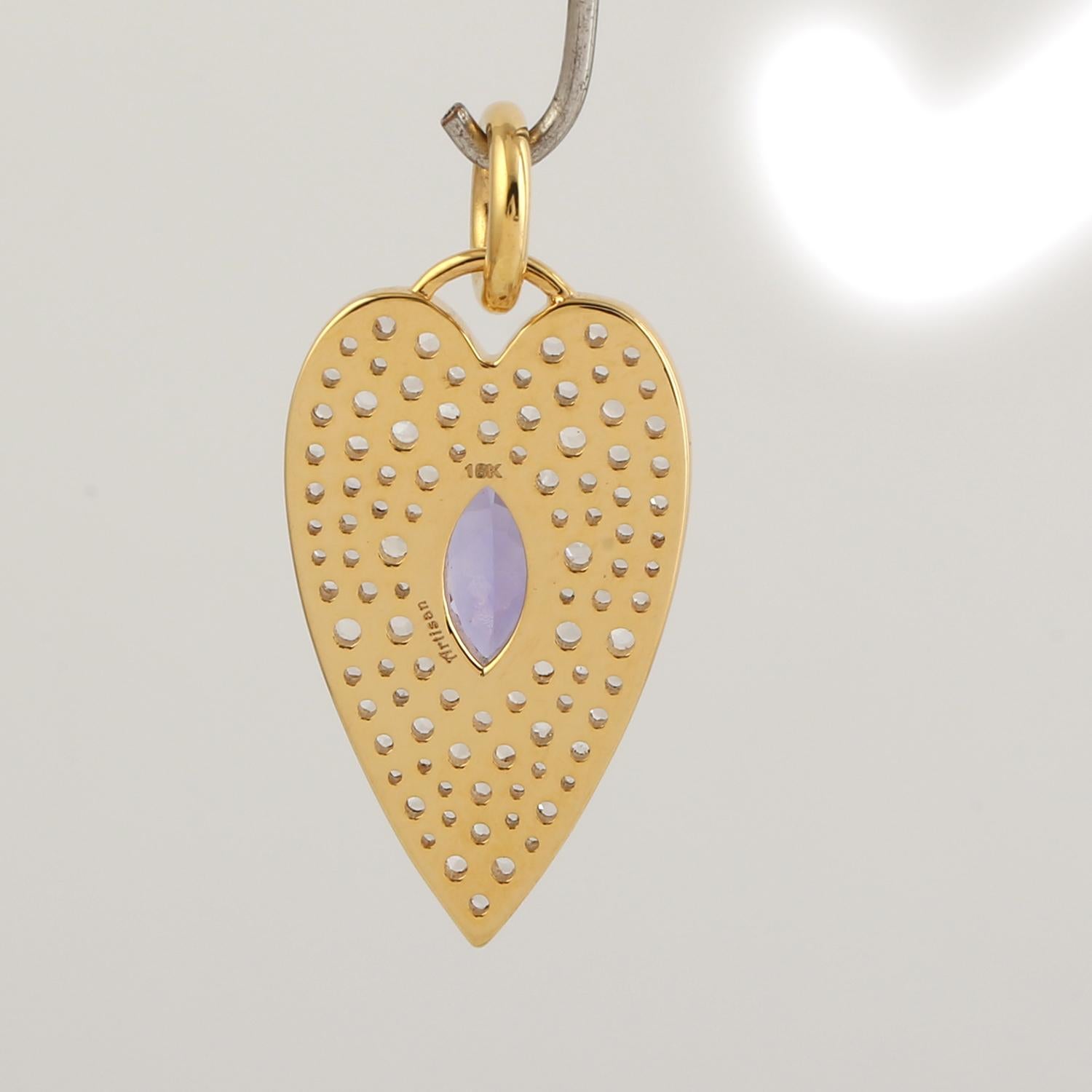 Art Deco Heart Pendant w/ Marquise Shaped Blue Tanzanite Pave Diamonds In 18K Yellow Gold For Sale