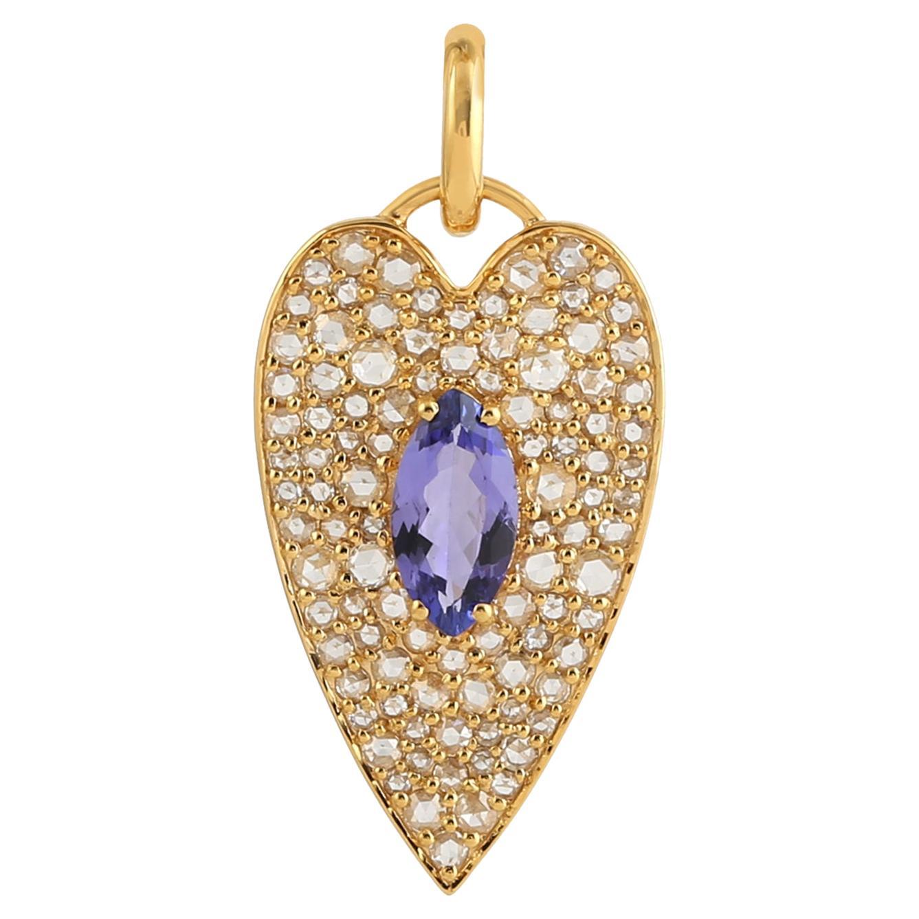 Heart Pendant w/ Marquise Shaped Blue Tanzanite Pave Diamonds In 18K Yellow Gold