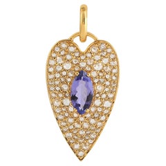 Pendentif cœur en or jaune 18 carats avec tanzanite bleue en forme de marquise et diamants pavés
