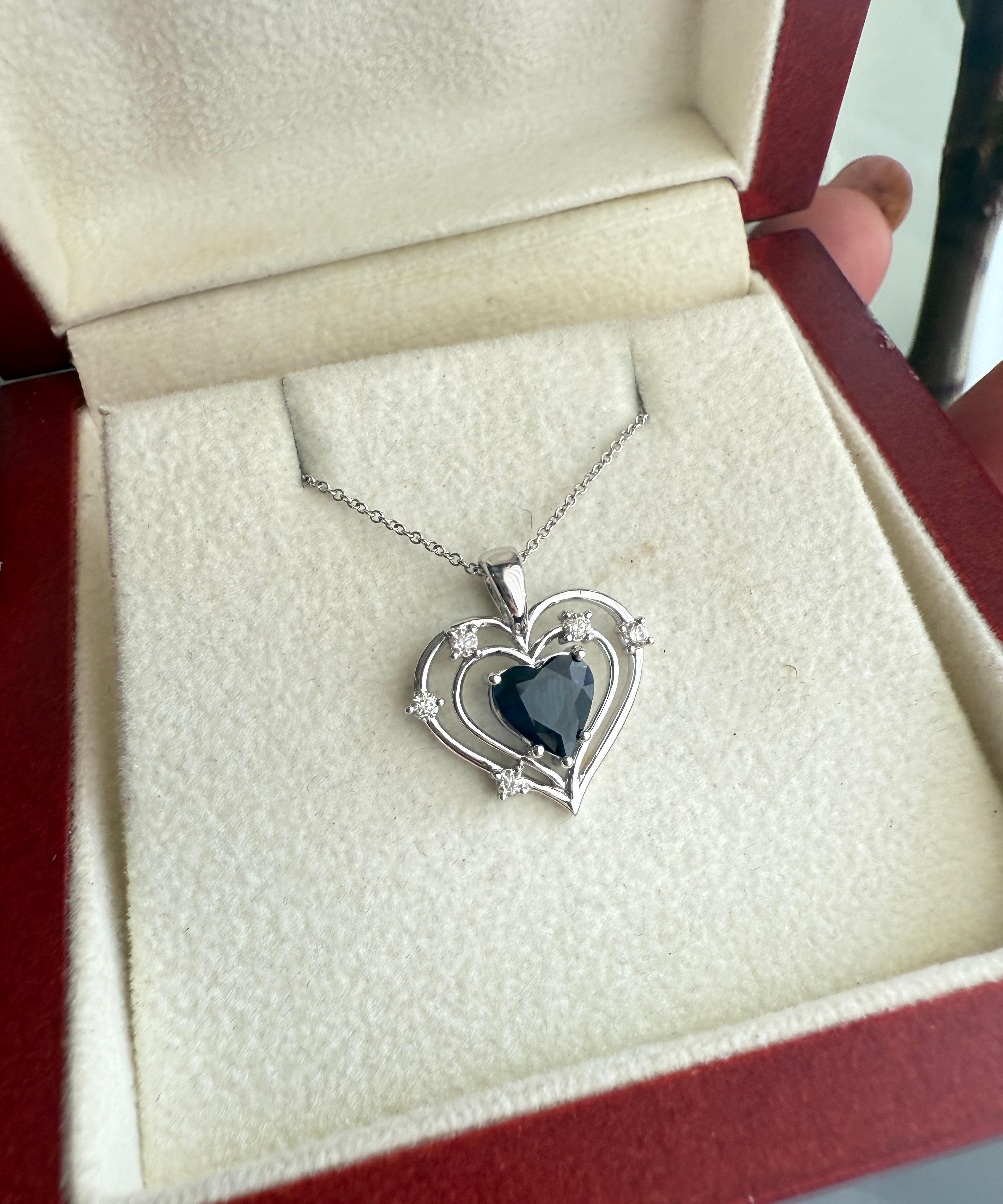 Women's Heart Pendant with Heart Cut Sapphire and Diamonds in White Gold For Sale