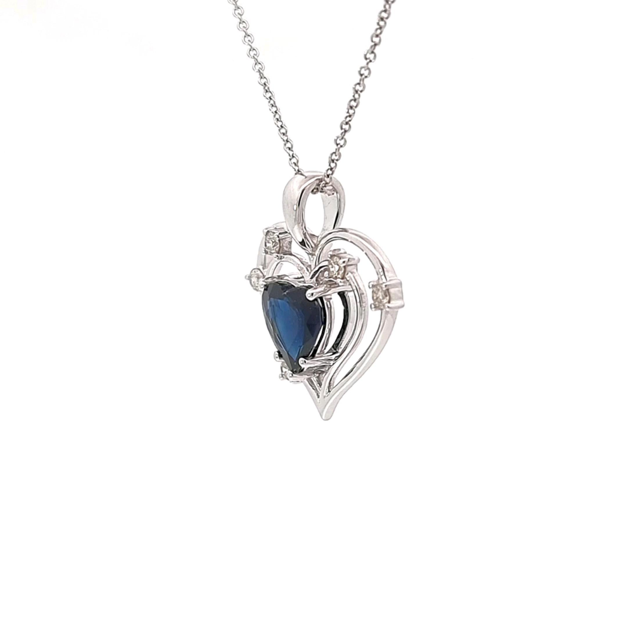 Heart Pendant with Heart Cut Sapphire and Diamonds in White Gold For Sale 2