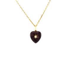 Heart Pendant with Star 18k Yellow Gold Purple Enamel 2 Diamonds 0.03 ct G VS