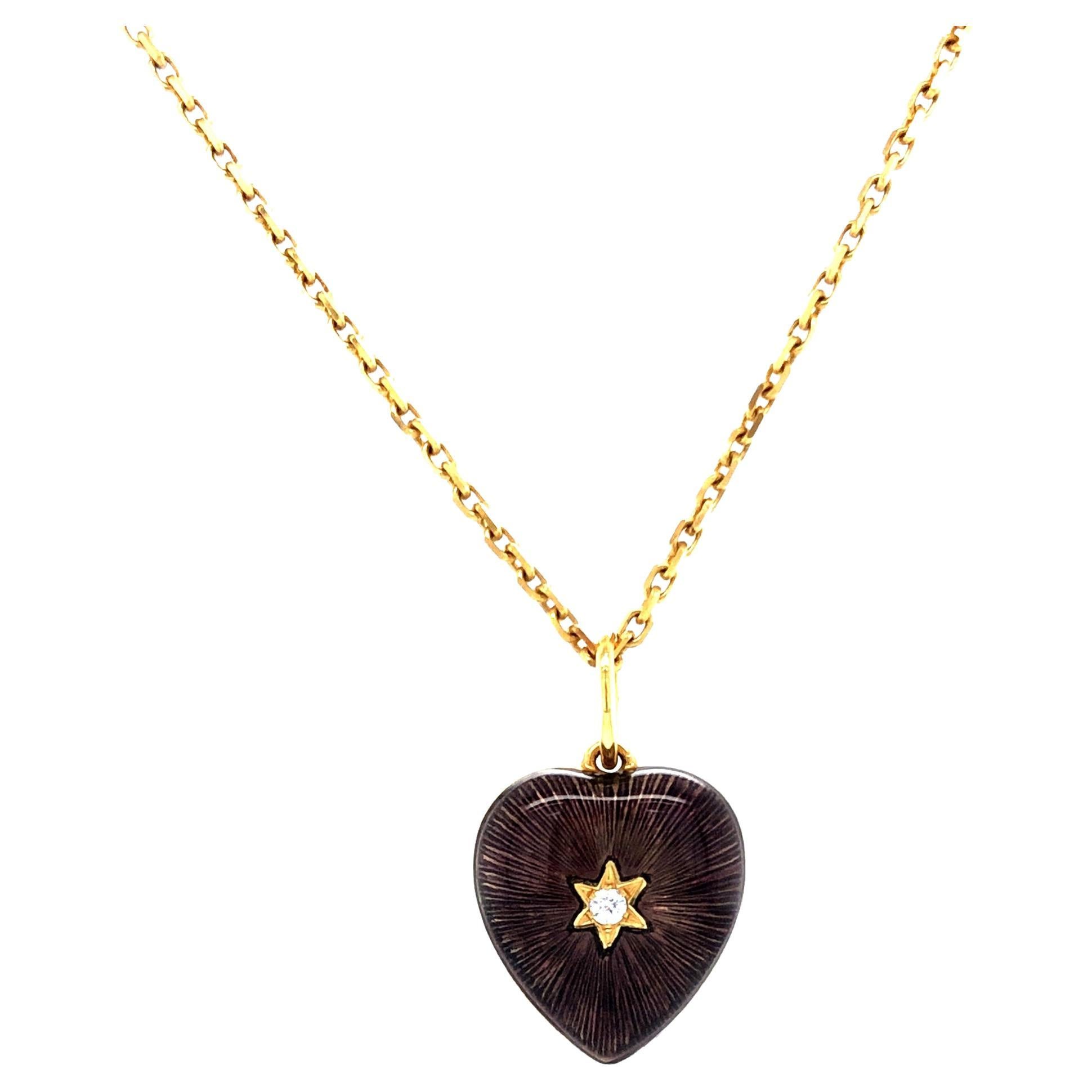 Heart Pendant with Star 18k Yellow Gold Purple Enamel 2 Diamonds 0.03 ct G VS