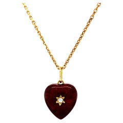 Heart Pendant with Star, 18k Yellow Gold, Red Enamel 2 Diamonds 0.03 Ct G VS