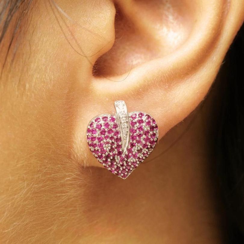 Art Déco Orecchini con zaffiro rosa cuore e diamante in oro massiccio 14 carati (certificati) in vendita