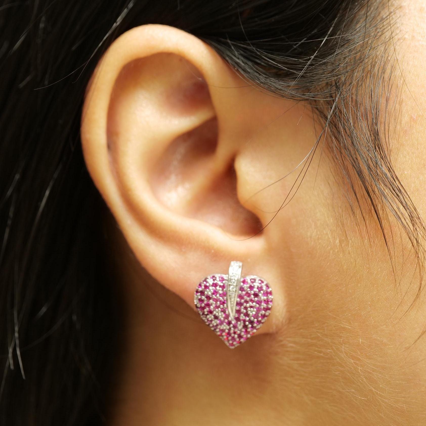 Taglio rotondo Orecchini con zaffiro rosa cuore e diamante in oro massiccio 14 carati (certificati) in vendita