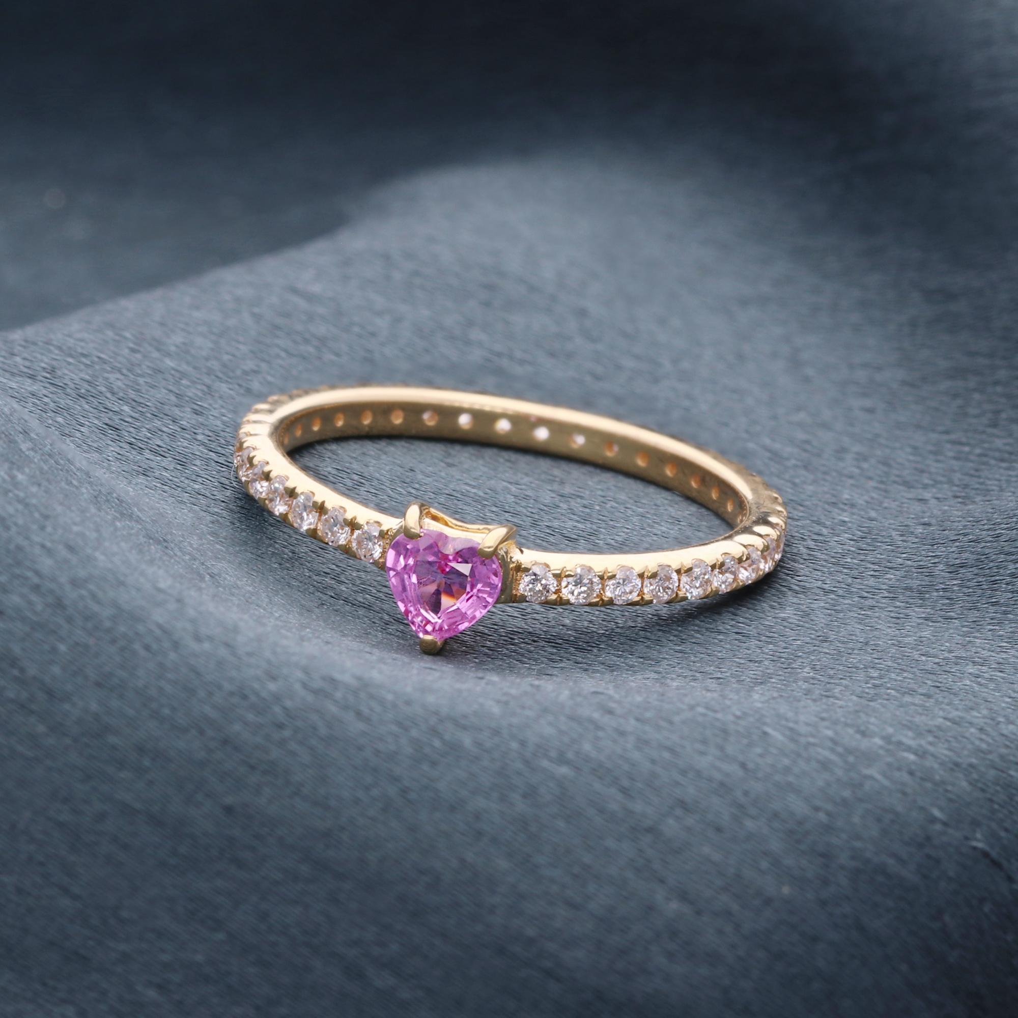 Heart Cut Heart Pink Gemstone Band Ring Diamond 14 Karat Yellow Gold Fine Handmade Jewelry For Sale
