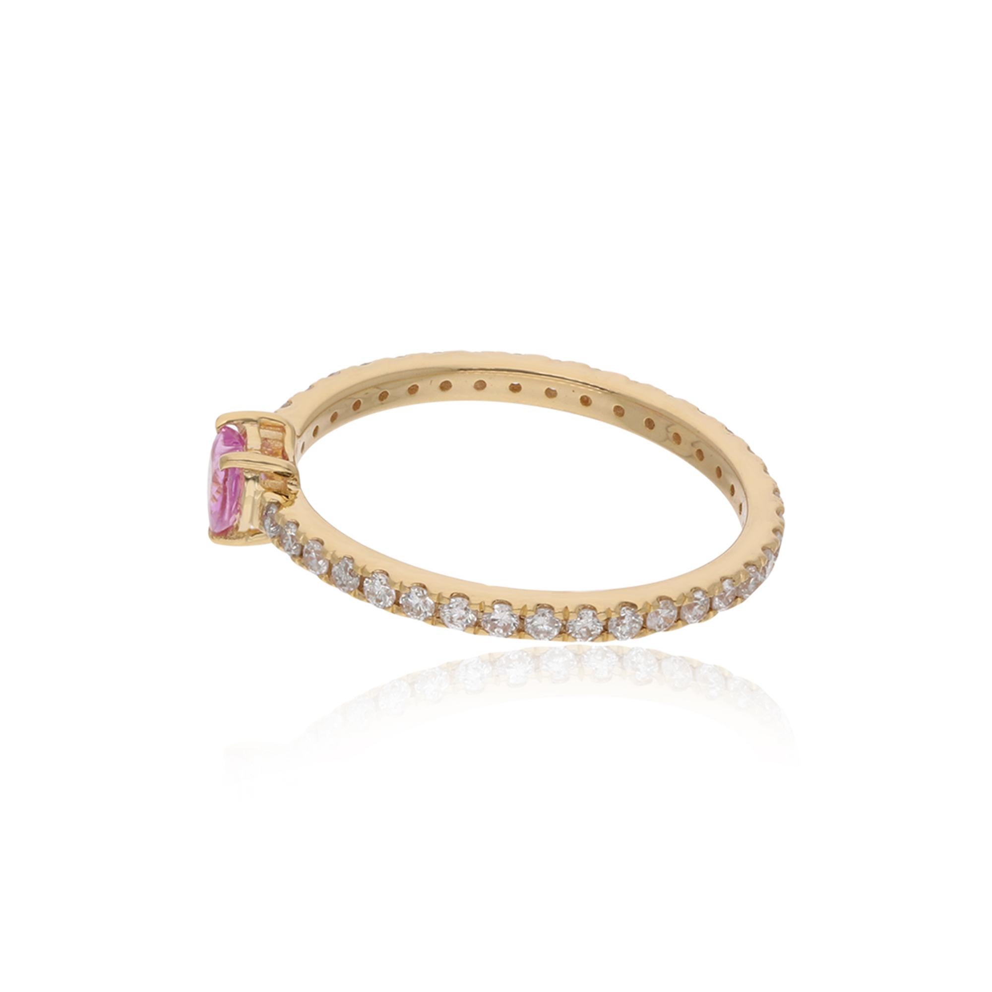 Women's Heart Pink Sapphire Gemstone Band Ring Diamond 14 Karat Yellow Gold Fine Jewelry For Sale