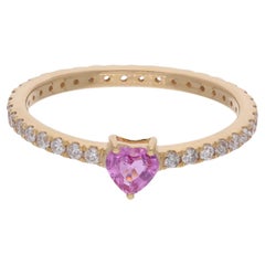 Heart Pink Sapphire Gemstone Band Ring Diamond 14 Karat Yellow Gold Fine Jewelry