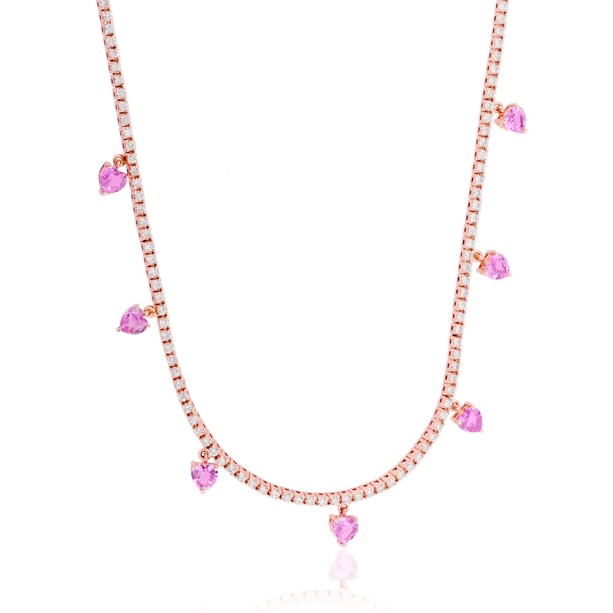 The processed gemstones and diamonds are set in a solid 18k rose gold tennis-style design, enhancing the feminine and romantic allure of the necklace. The warm and delicate hue of rose gold complements the pink gemstones, creating a harmonious and