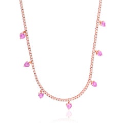 Heart Pink Processed Gemstone Tennis Necklace Diamond 18k Rose Gold Jewelry