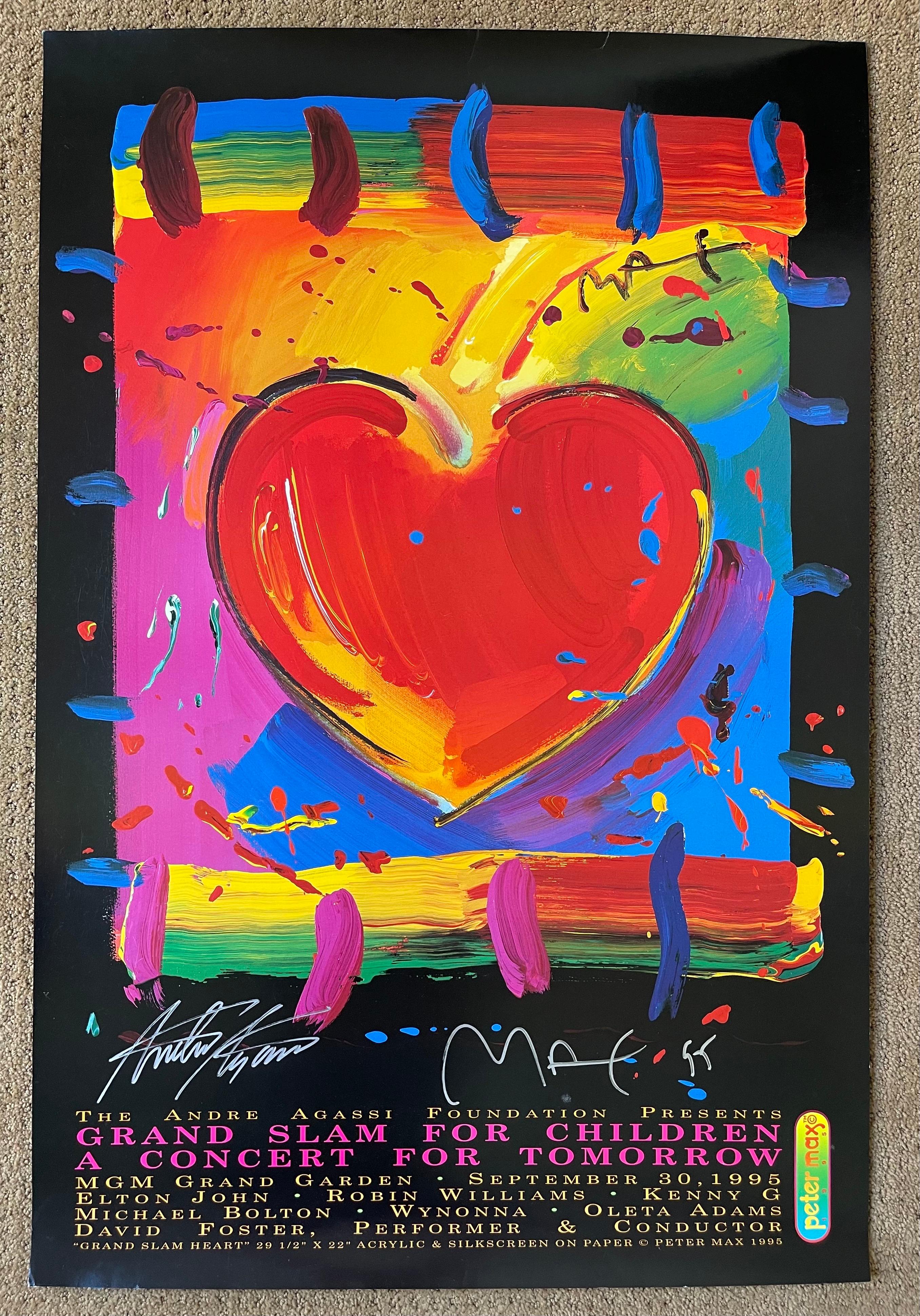 Vintage “Grand Slam for Children A Concert for Tomorrow” / Heart lithograph poster signed by Peter Max and tennis great, Andre Agassi, circa 1995. The concert was held at the MGM Grand Garden in Las Vegas, NV on September 30, 1995 and featured Elton