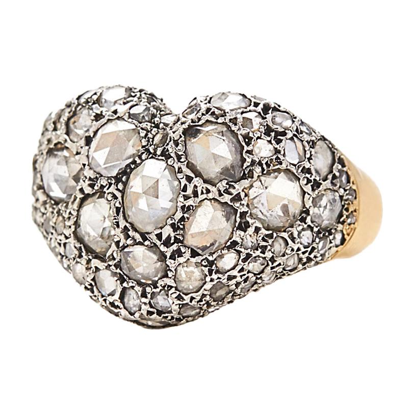 Heart Ring 18 Karat Gold with 5 Carat Rose Cut Diamonds For Sale