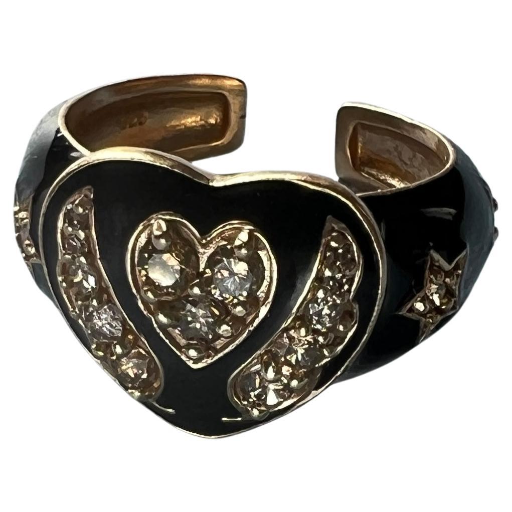 Anello a cuore con smalto nero e diamante bianco in stile vittoriano