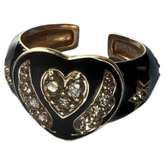 Heart Ring Black Enamel White Diamond Victorian Style