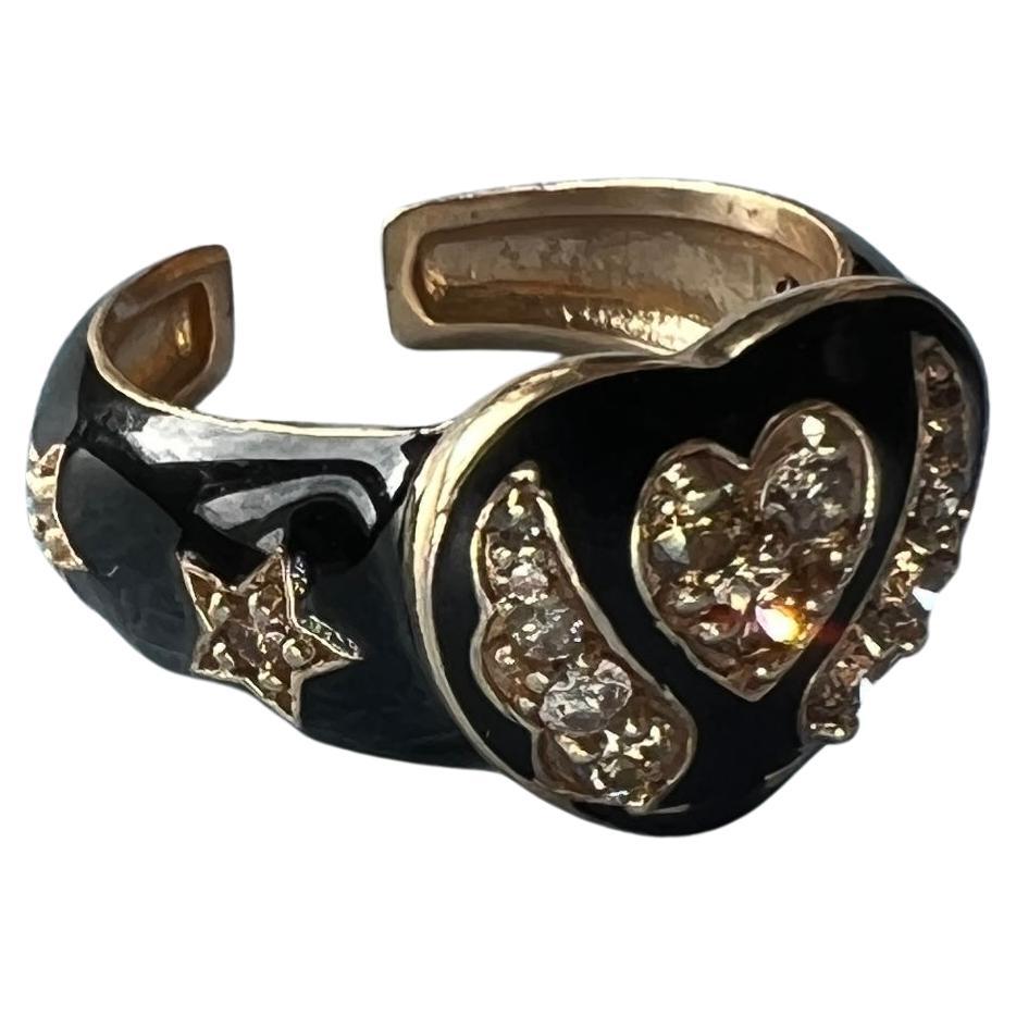 Single Cut Victorian Style Heart Ring White Diamond Black Enamel For Sale