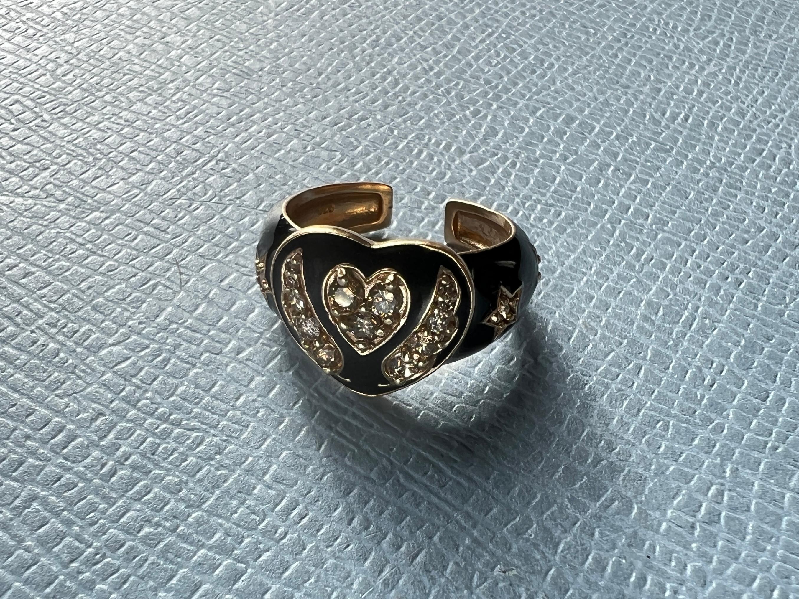 Victorian Style Heart Ring White Diamond Black Enamel For Sale 1