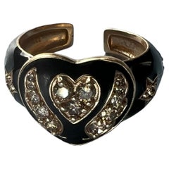 Victorian Style Heart Ring White Diamond Black Enamel