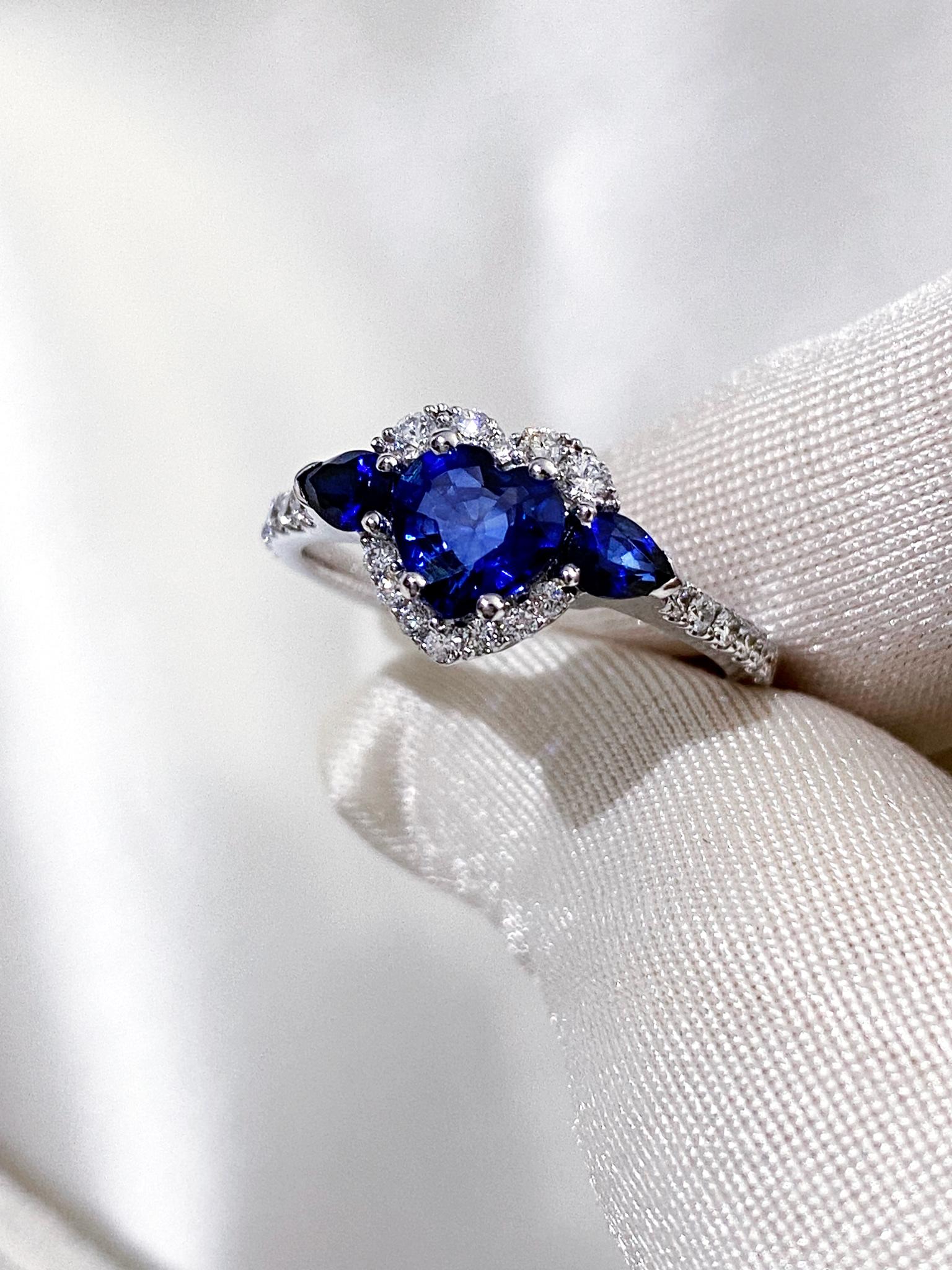 For Sale:  Heart Ring with Blue Sapphires and Diamonds, 18 Karat White Gold, Made in Italy 2