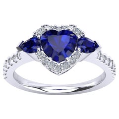 Heart Ring with Blue Sapphires and Diamonds, 18 Karat White Gold, Made in Italy