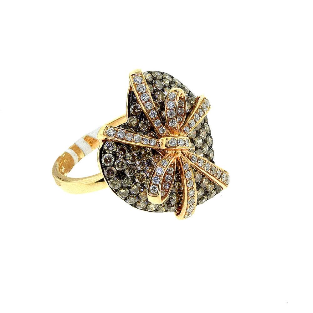 Women's or Men's Heart Ring with Bow, Black and White Diamonds, 18 Karat Rose Gold Ring