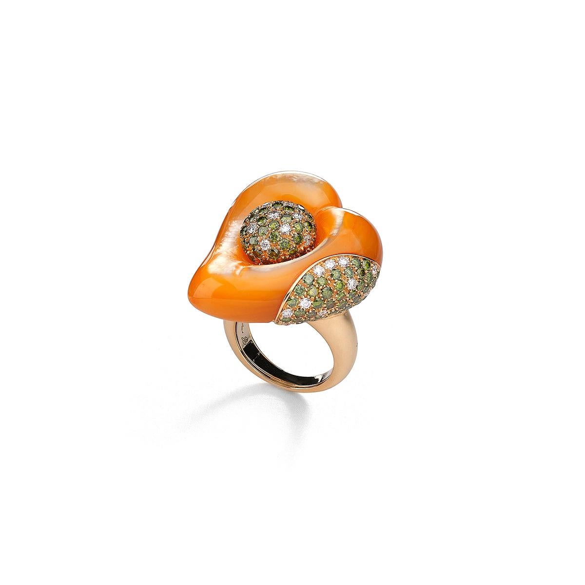 Heart ring in 18kt pink gold set with diamonds 0.60 cts and diamonds 2.62  cts orange mother-of-pearl  Size 54               