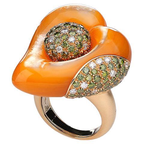 Heart Ring with Orange Mother of Pearl and Diamond For Sale