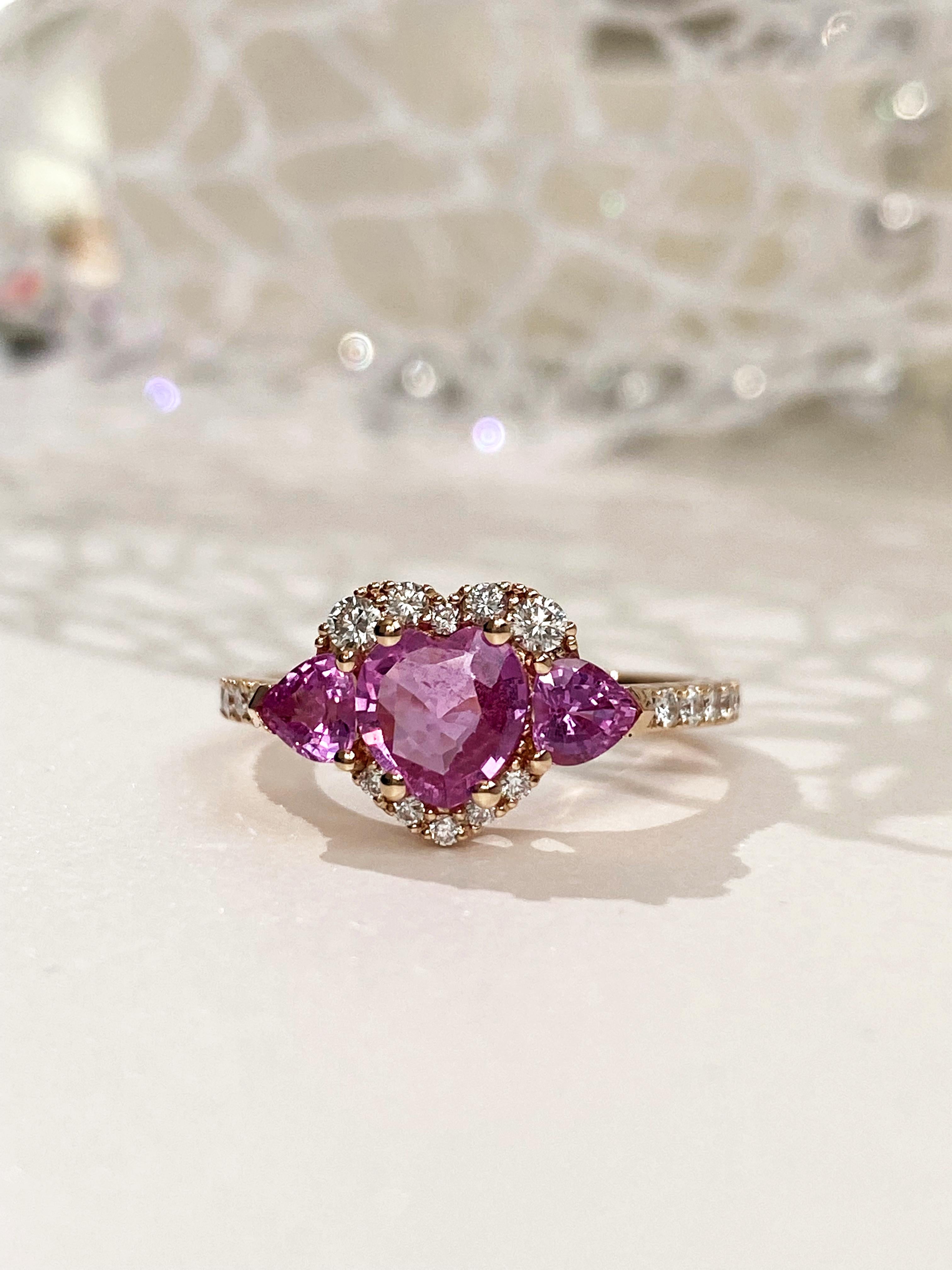 For Sale:  Heart Ring with Pink Sapphires and Diamonds, 18 Karat Rose Gold, Made in Italy 2