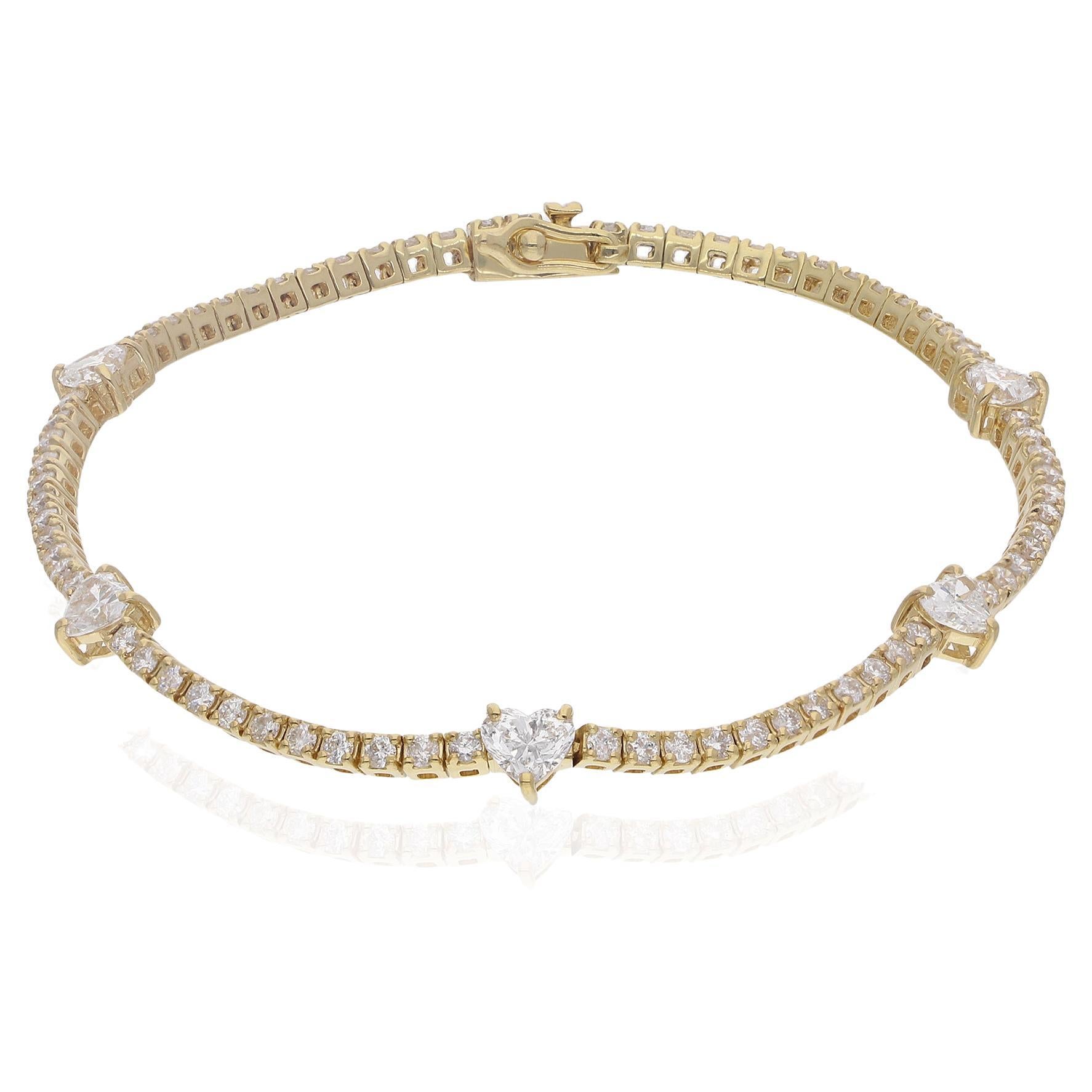 Heart & Round Diamond Tennis Bracelet 14 Karat Yellow Gold Handmade Fine Jewelry For Sale