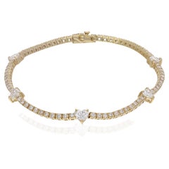 Heart & Round Diamond Tennis Bracelet 14 Karat Yellow Gold Handmade Fine Jewelry